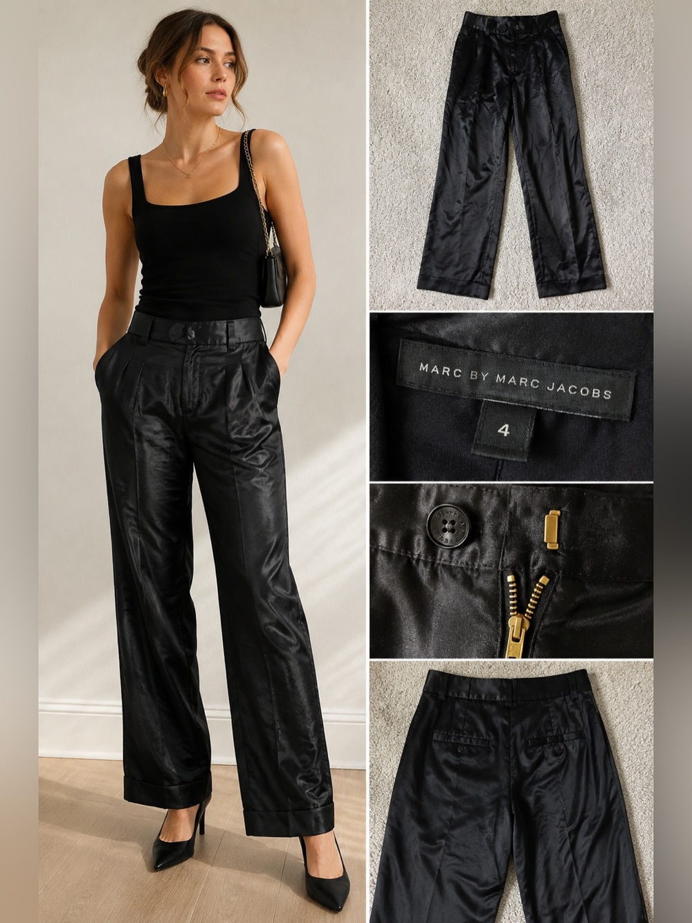 Marc by Marc Jacobs Silk Cotton Black Pants Size 4 Gold Zip